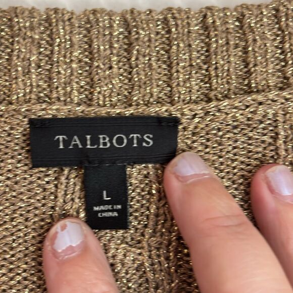 Talbots Gold metallic holiday Cable Knit sparkle Cardigan sweater Women’s large - Picture 5 of 9